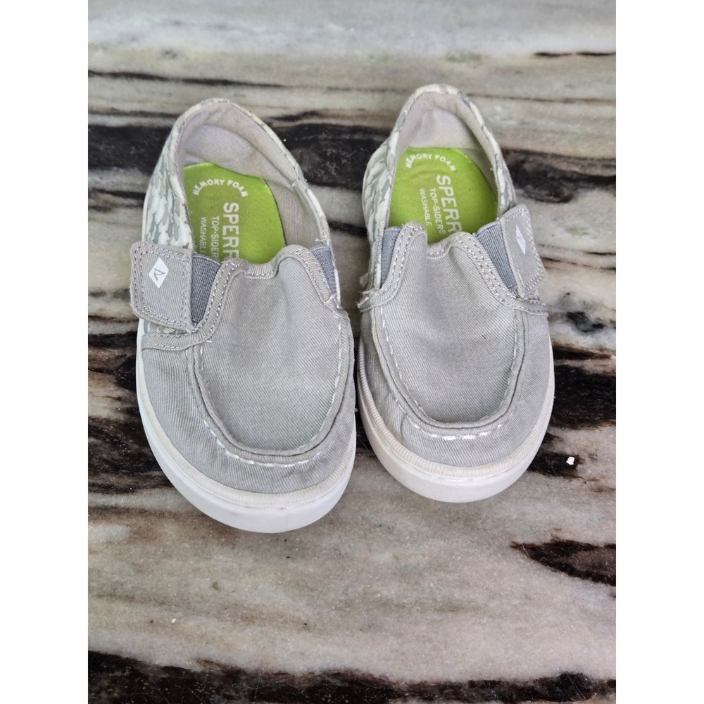 Sperry Top-Sider Kids Gray Shark Print Washable Canvas Slip On Boat Shoes 8M